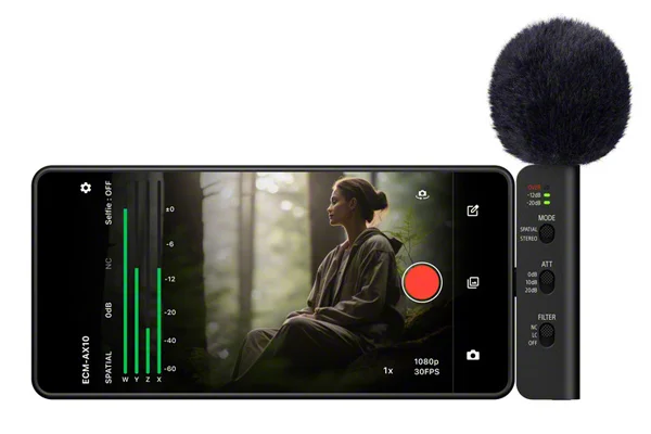 スマートフォンに取り付けた『ECM-AX10』と撮影アプリ画面