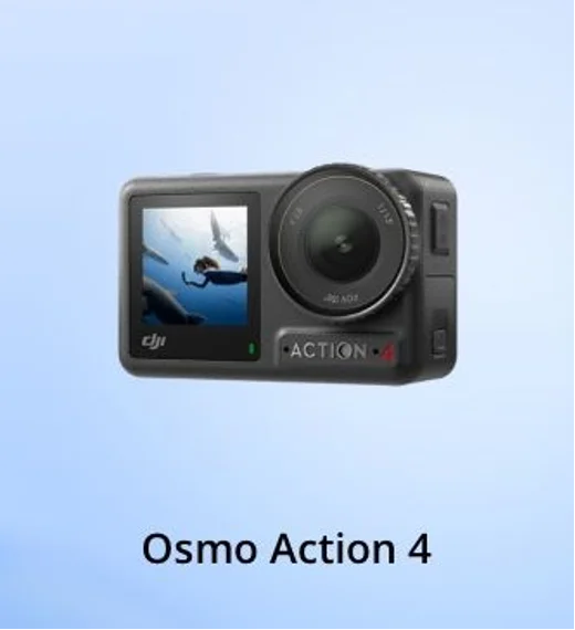 Osmo Action 4の外観。前面に液晶画面とレンズを備えたアクションカメラ