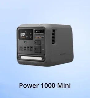 Power 1000 Mini ポータブル電源。濃灰色で前面に表示画面とコンセント