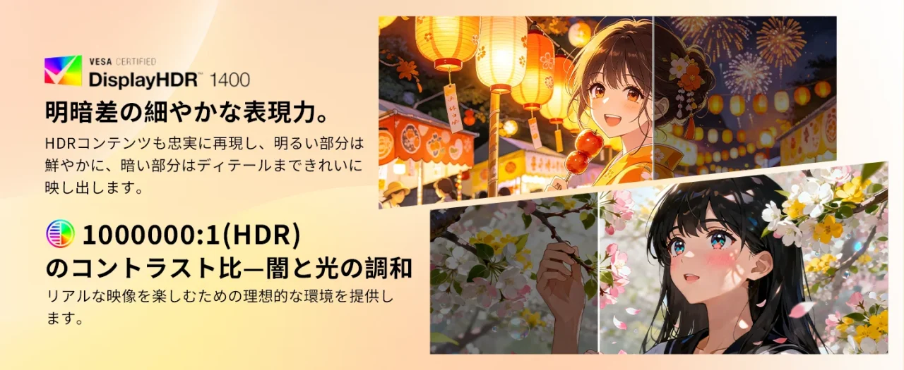 DisplayHDR 1400と1000000:1(HDR)コントラスト比を紹介するバナー