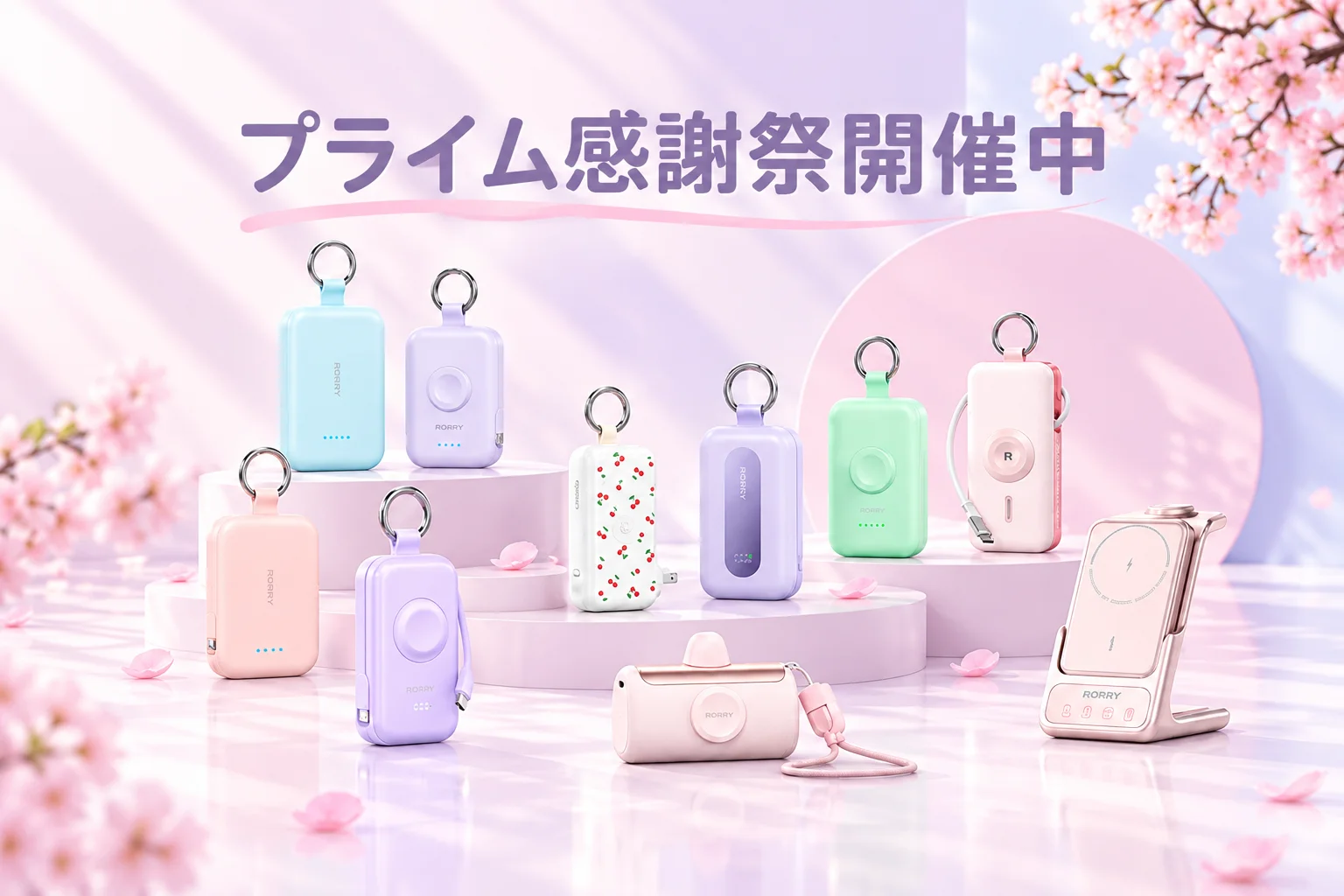 プライム感謝祭開催中の文字と、桜の中に並ぶパステルカラーのモバイルバッテリー