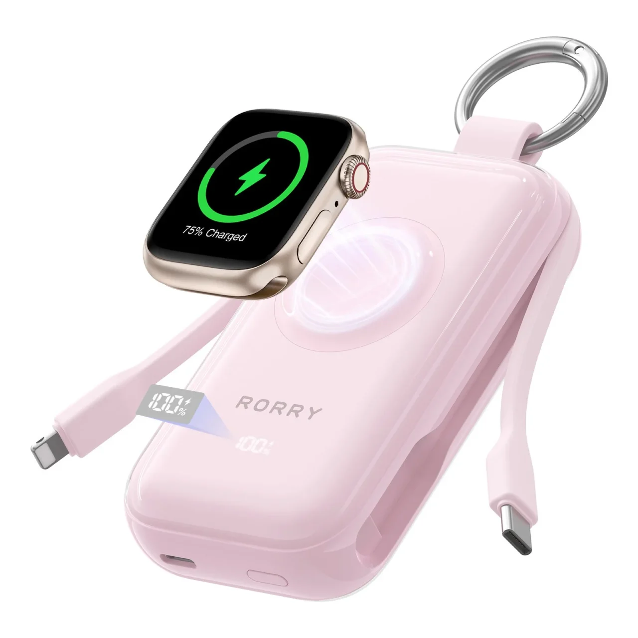 RORRY CharmGo 45W。ピンクのカラビナ付き本体にApple Watchが磁気充電される様子