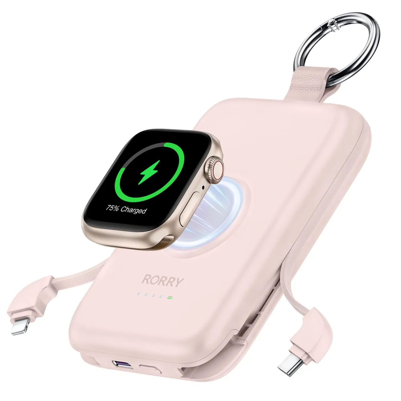 RORRY CharmGo 10000mAh。Apple Watchを磁気充電するピンクのカラビナ付きバッテリー