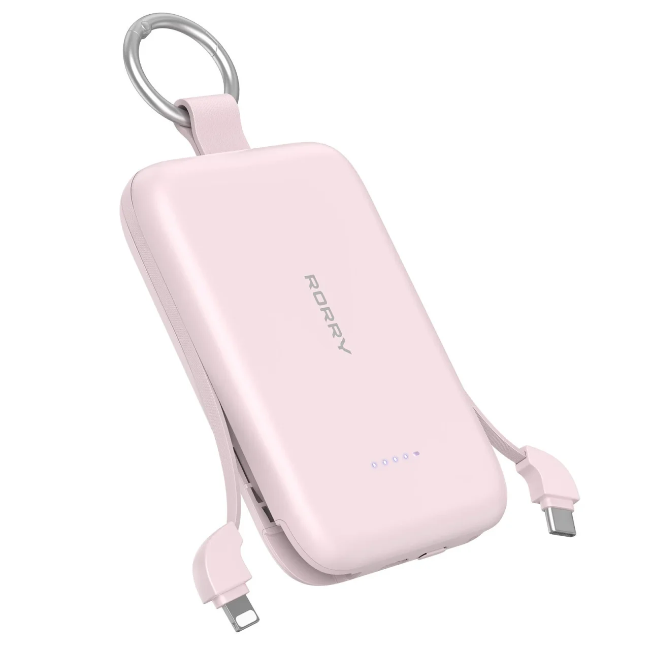 RORRY CharmGo、カラビナ付きのピンク色モバイルバッテリー