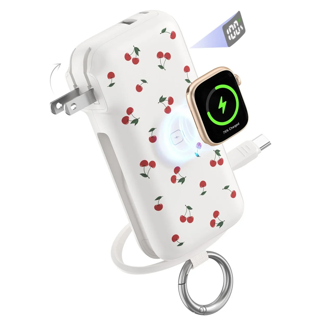 RORRY Flow ACコンセント一体型モバイルバッテリー、さくらんぼ柄とApple Watch充電