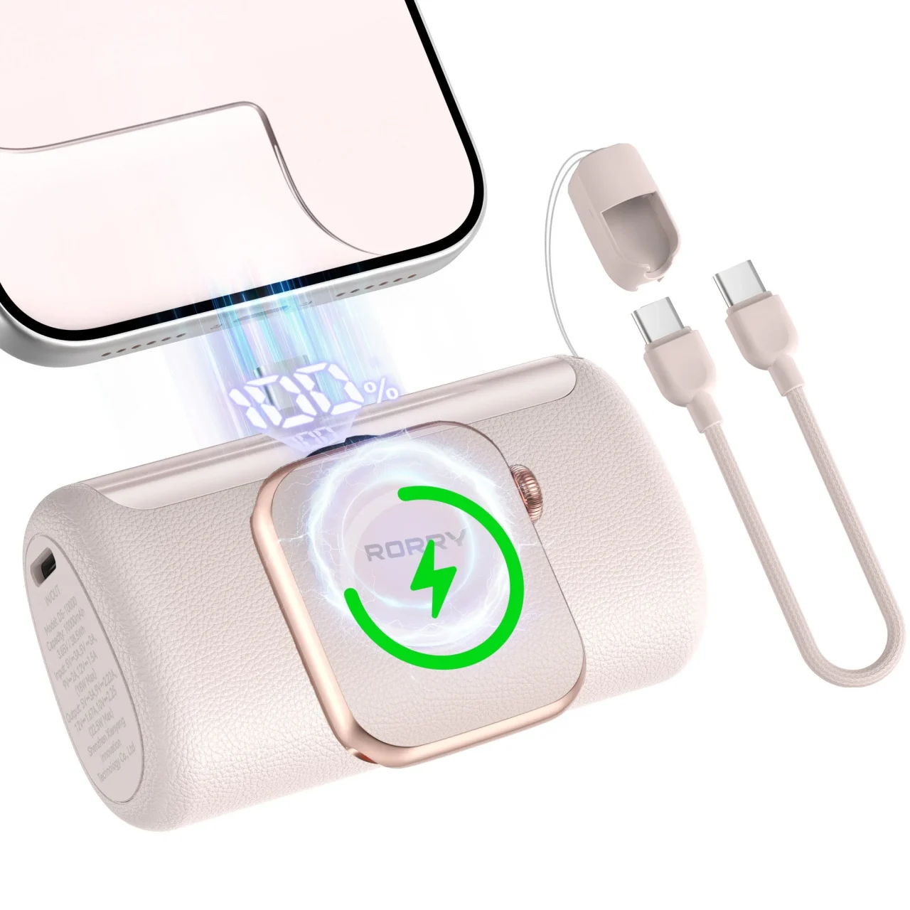 RORRY PalmGo。Apple Watch磁気充電部とLED表示、Type-Cケーブルを備えたピンク色のモバイルバッテリー