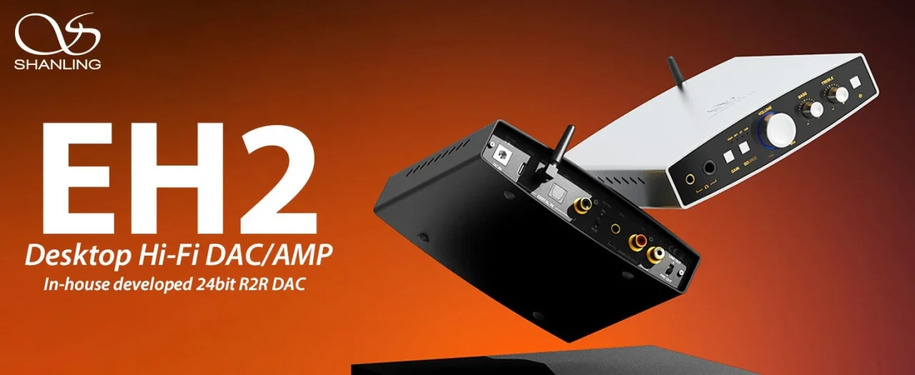SHANLING『EH2』デスクトップHi-Fi DAC/AMPの告知画像、黒と銀の2台