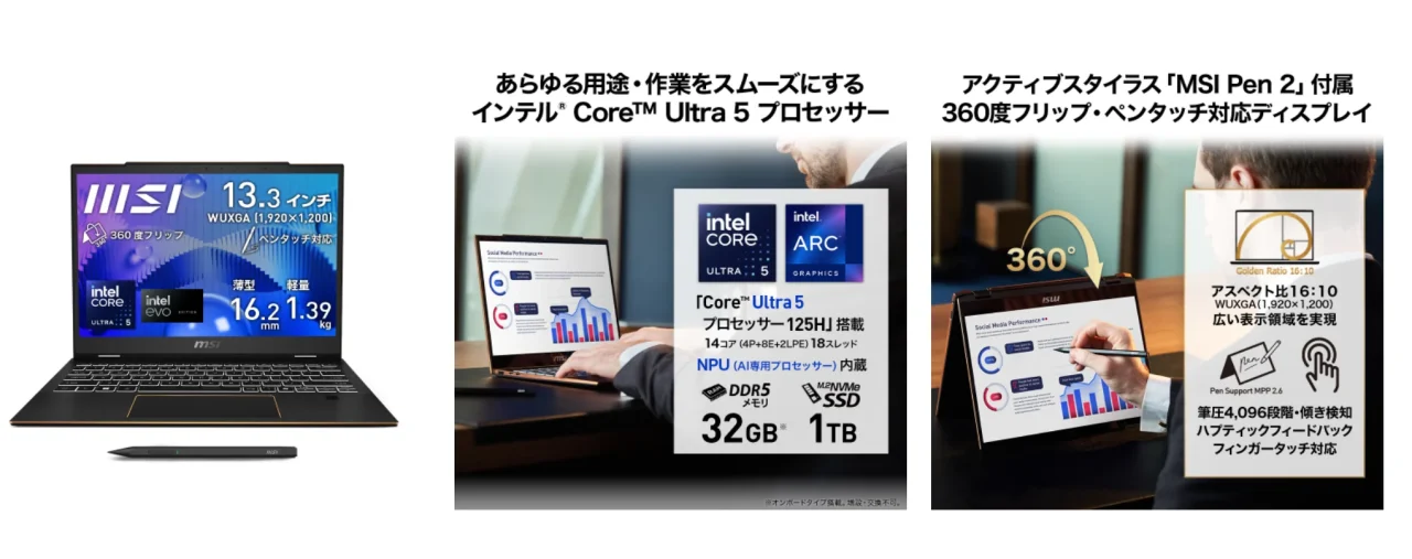 Summit-E13-AI-Evo-A1MTG-1203JPの本体とペン、仕様と360度フリップ表示