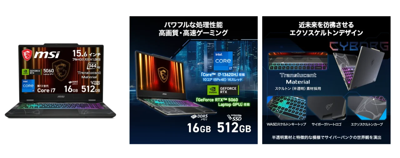 MSI Cyborg-15-B13WFKG-1172JP ノートPC。本体とRTX 5060、半透明素材のデザイン
