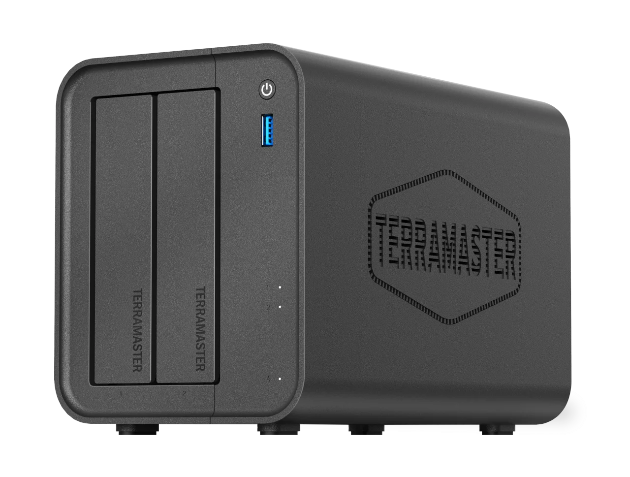 TERRAMASTER F2-425 2ベイNAS。ダークグレーの筐体と2つのドライブベイ