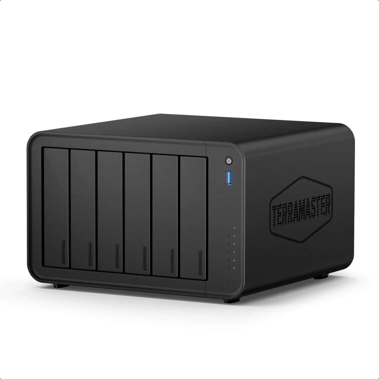 F6-425 Pro 6ベイNASの黒い本体。前面に6つのドライブベイ