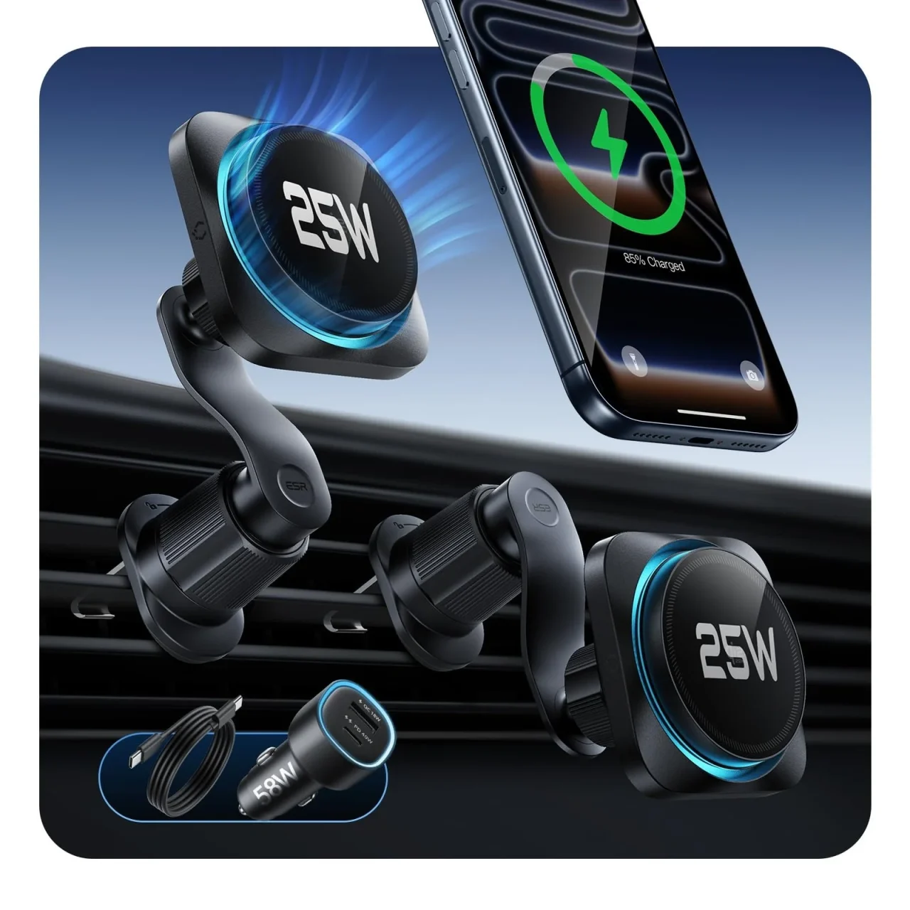 ESR OmniLock マグネット車載充電器。吹き出し口に付く25W表示の充電器