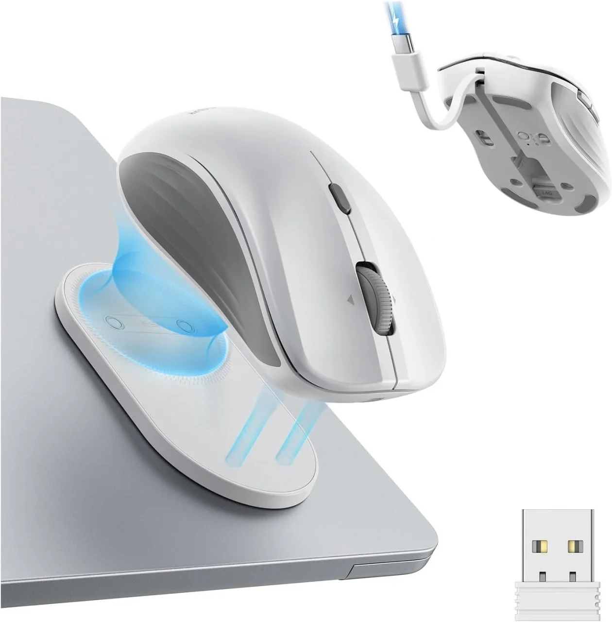 ESR MagMouse ワイヤレスマウス。磁気ベースでノートPCに装着した白いマウス