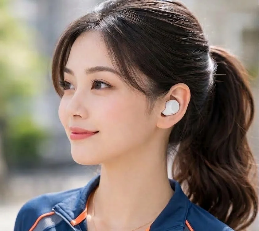 IPX5生活防水仕様ワイヤレスイヤホンを耳に着けた女性