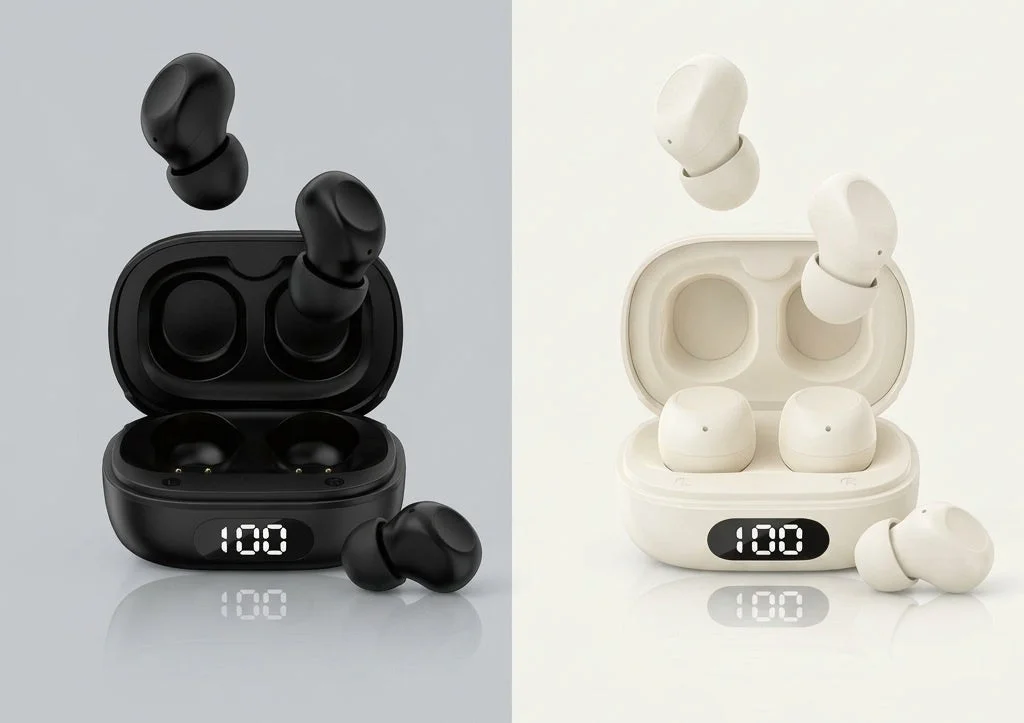 ブラックとホワイトの2色展開のワイヤレスイヤホンと充電ケース、残量100表示