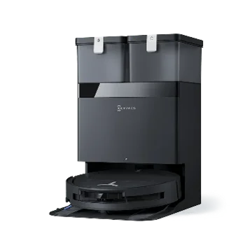 DEEBOT T50S OMNI。黒い丸型ロボット掃除機と全自動OMNIステーション