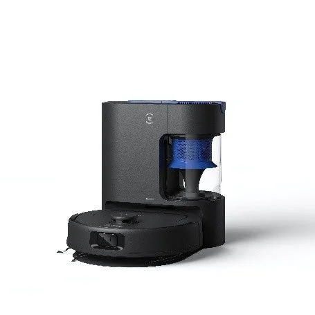 DEEBOT N30 PLUS 黒いロボット掃除機と青いサイクロン部が見える自動ゴミ収集ステーション