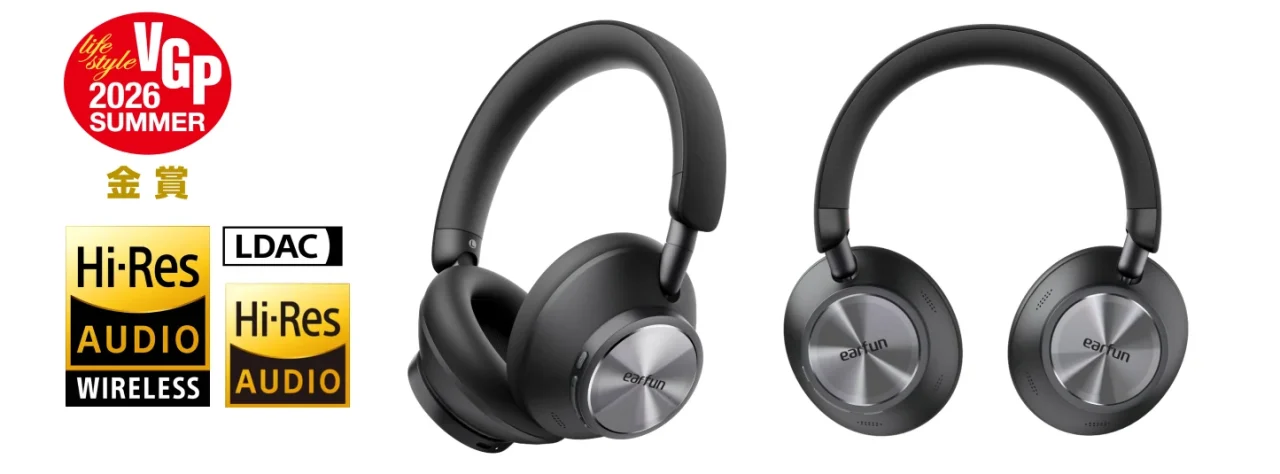 EarFun Wave Pro Xのブラックのヘッドホンと、VGP金賞・Hi-Res・LDACのロゴ