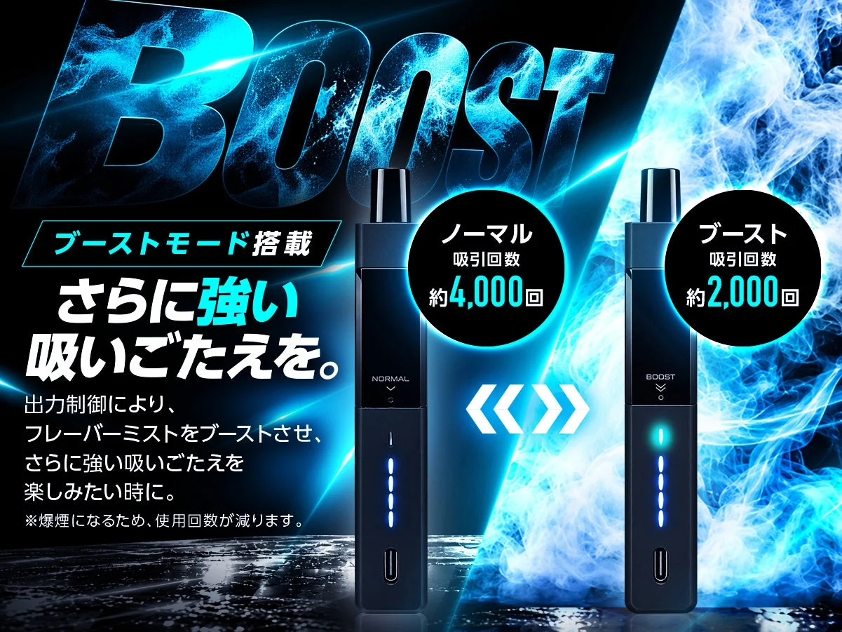 ブーストモード搭載の電子タバコ。ノーマル約4,000回、ブースト約2,000回の吸引回数比較
