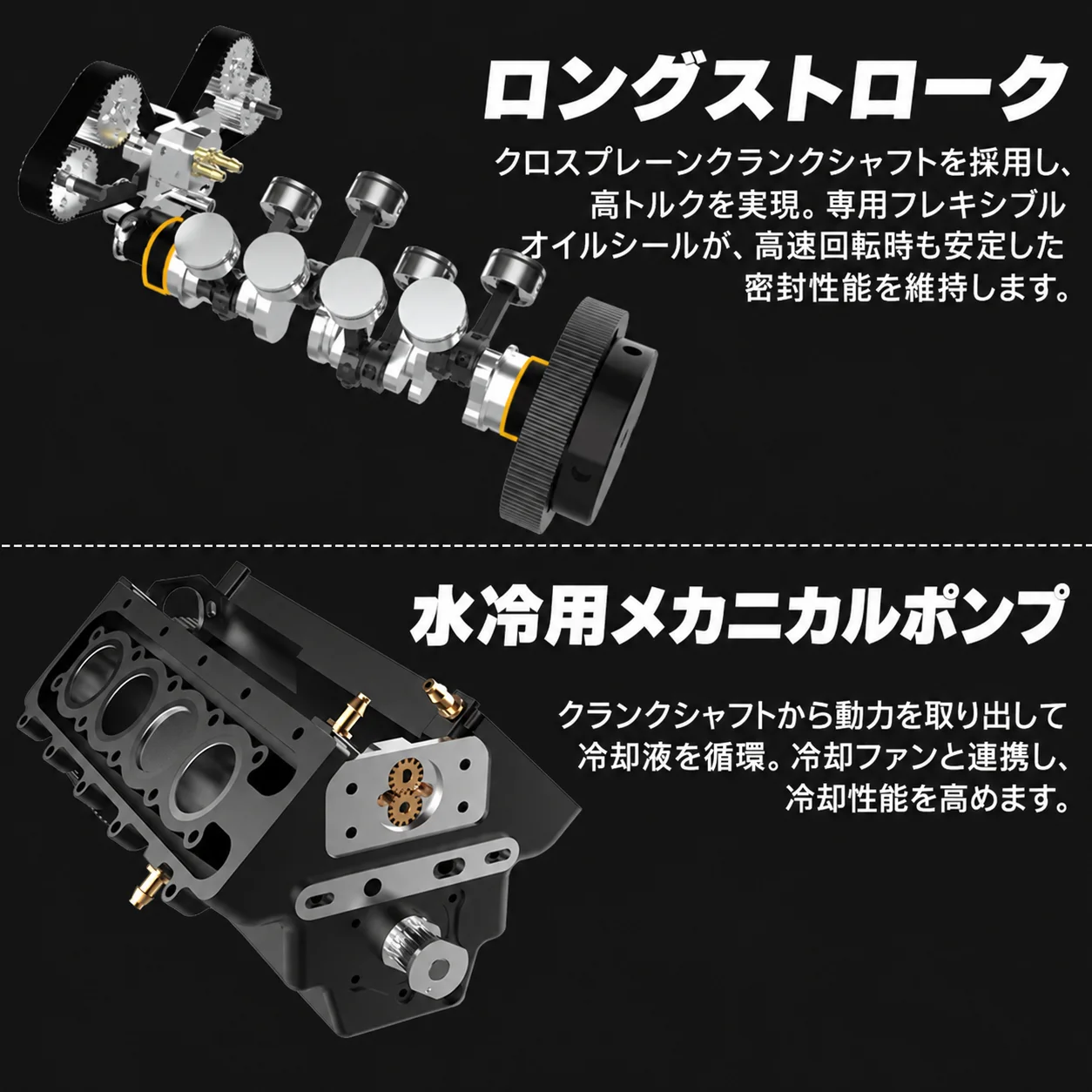 TOYAN FS-V800GCSの詳細紹介。分解したクランクシャフト周りと水冷用メカニカルポンプ