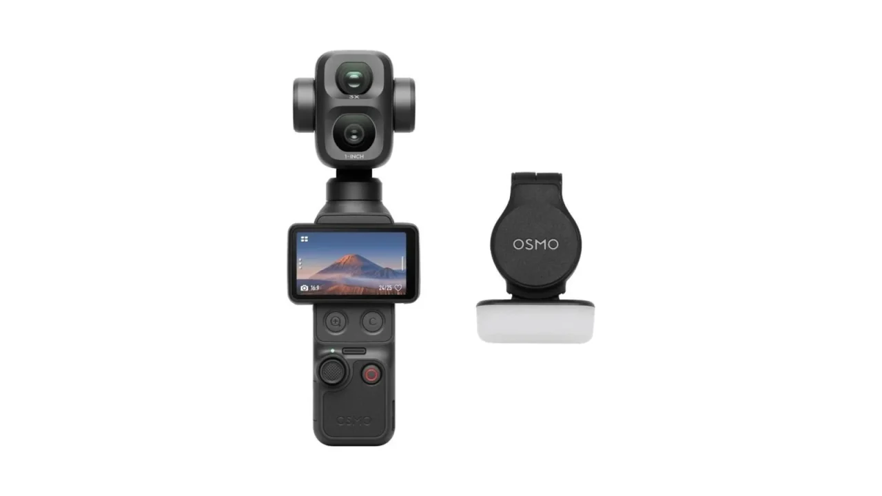 DJI ポケットジンバルカメラ Osmo Pocket 4P。2眼カメラと画面、OSMO表記の部品