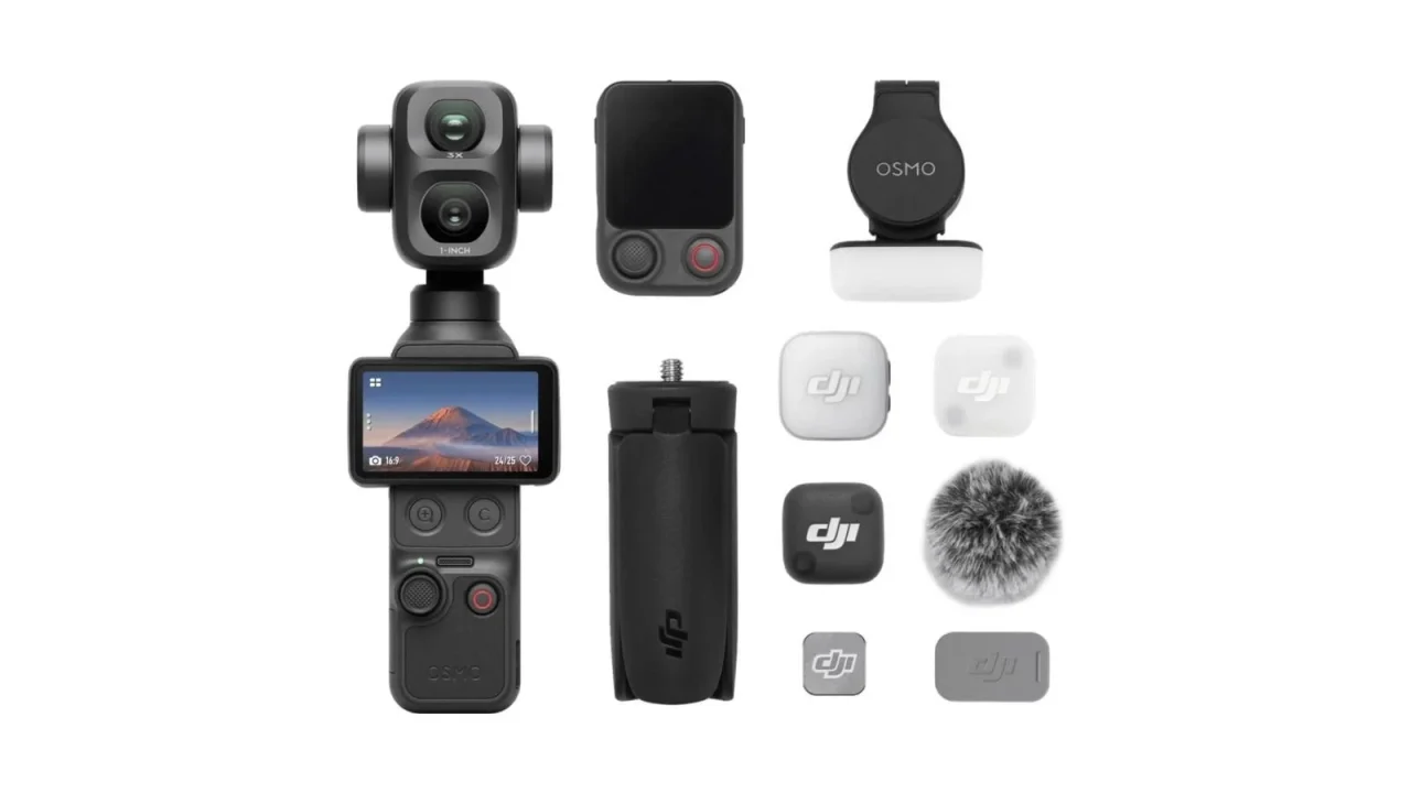 DJI Osmo Pocket 4P Vlogコンボの本体、リモコン、マイク、ミニ三脚