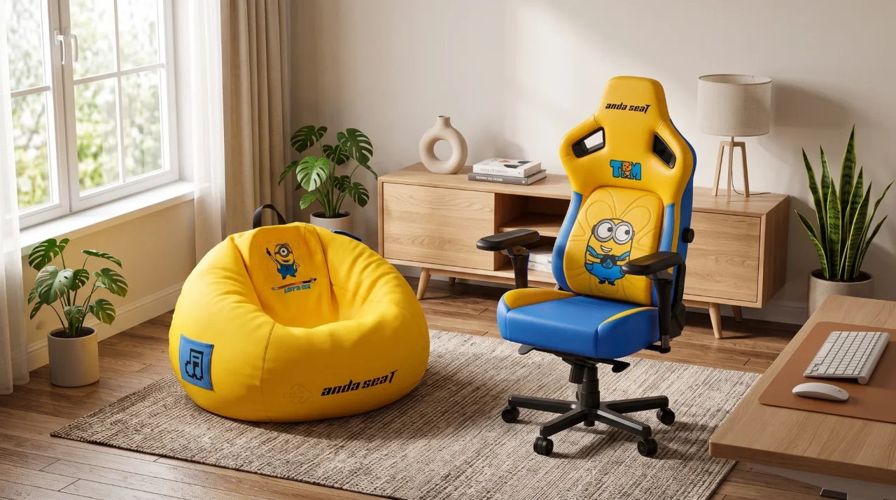 部屋に置かれたミニオンズ柄の黄色と青のゲーミングチェアと黄色いゲーミングソファ