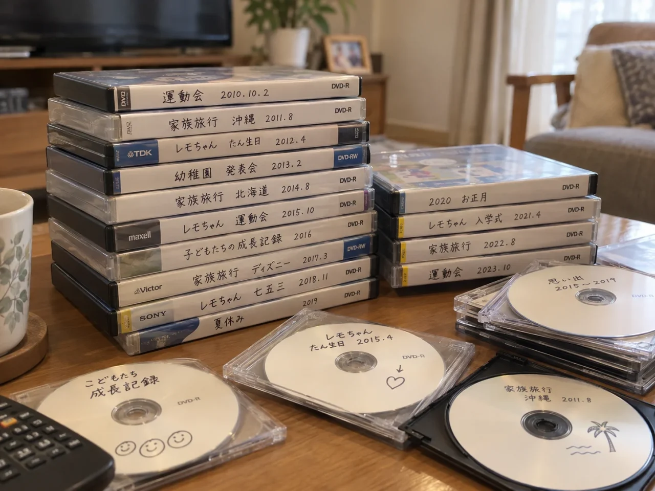 テーブルに積まれた、運動会や家族旅行などの手書きラベル付き思い出のDVD