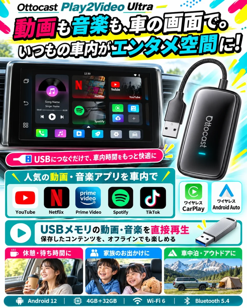 Ottocast Play2Video Ultra。車載画面と黒いUSB接続アダプター、対応アプリのアイコン