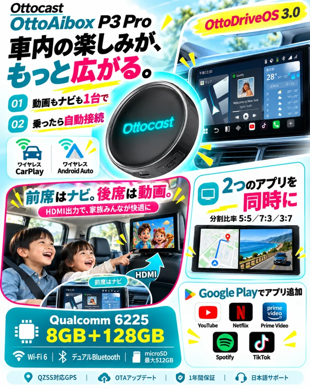 OttoAibox P3 Pro の告知画像。黒い円形ボックスと分割画面、対応アプリを紹介