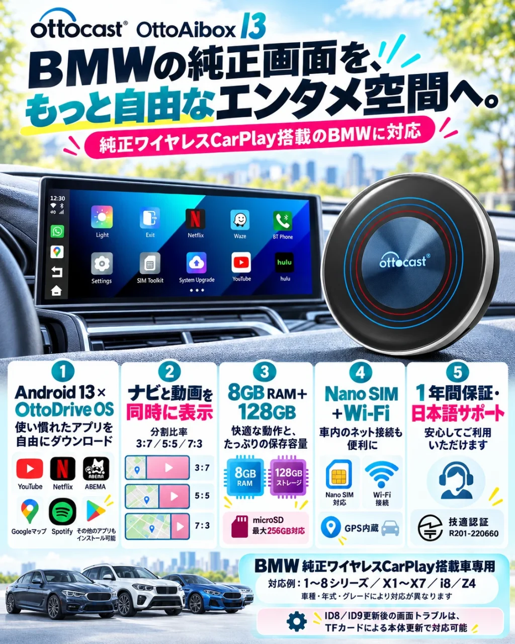 OttoAibox I3。BMW純正画面に接続した円形AIボックスと機能紹介