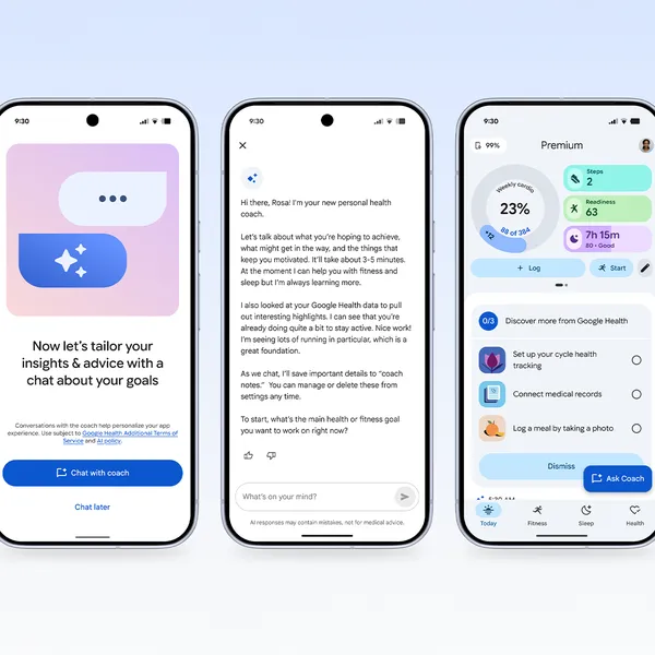 Google Health コーチのチャット画面を示す3台のスマホ画面