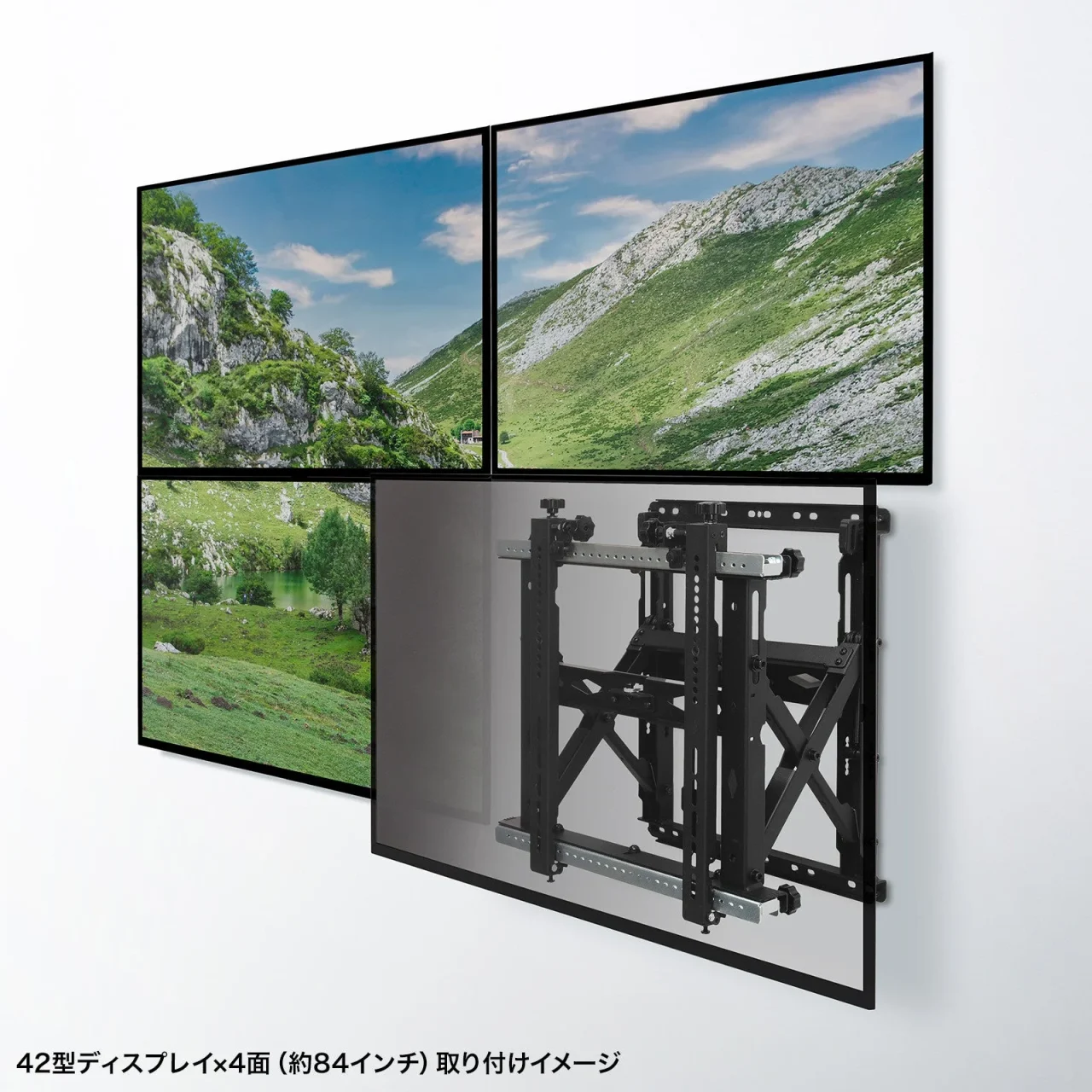 プッシュ式壁掛け金具で42型ディスプレイ4面を壁に取り付けた例