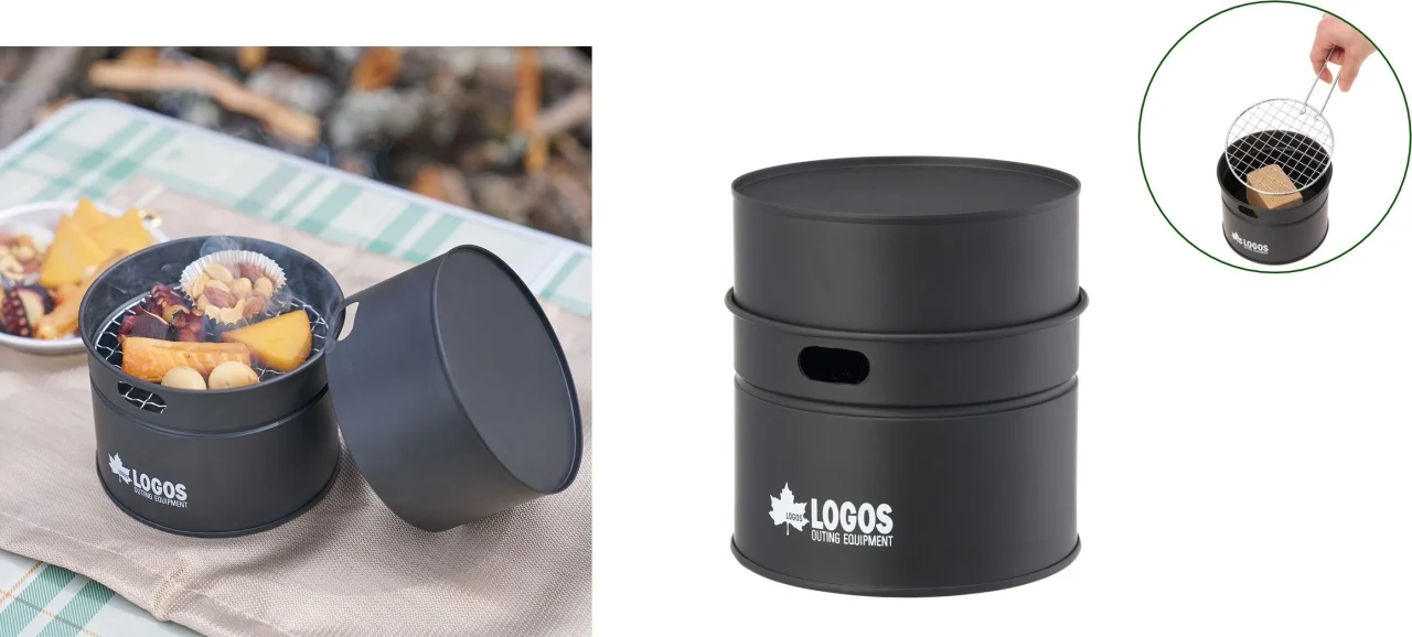 LOGOSの森林 ちょっとスモークするCANCAN。黒い缶型スモーカーと食材を載せた使用例