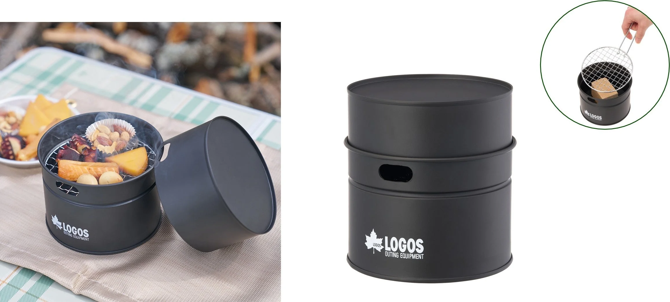 LOGOSの森林 ちょっとスモークするCANCAN。黒い缶型スモーカーと食材を載せた使用例