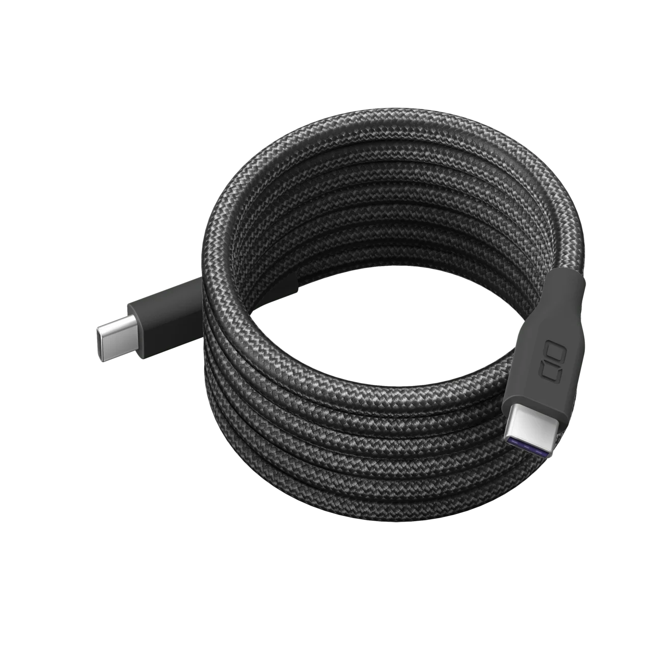 スパイラルケーブル CtoC 1m / 2mの、渦巻き状にまとまった黒いメッシュケーブル