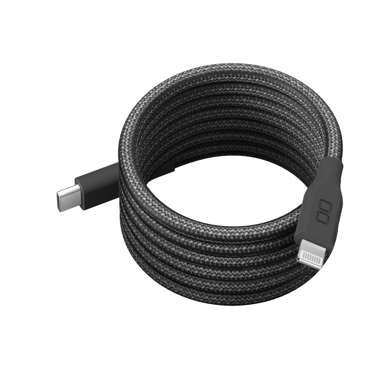 スパイラルケーブル USB-C to Lightning 1m、黒い編み込みケーブルを渦巻き状にまとめた様子