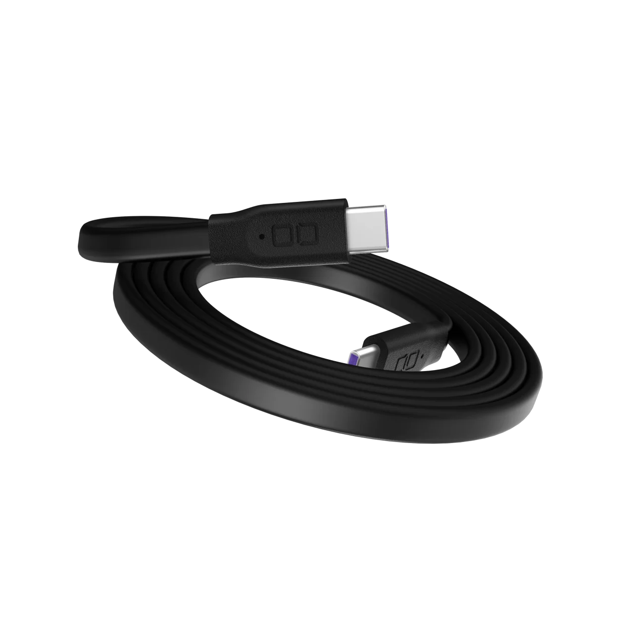 Flex Spiral Cable C to C 1mの黒い平型ケーブルを丸く束ねた様子