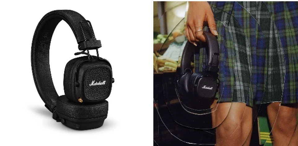 Major V オンイヤーヘッドホン。黒い本体と、手に持った様子