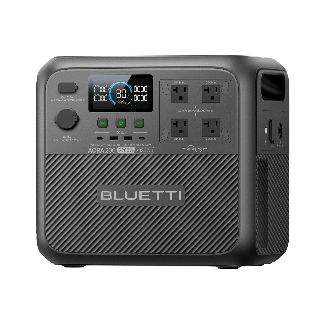 BLUETTI AORA 200 V2 ポータブル電源の本体正面。表示パネルとACコンセント4口
