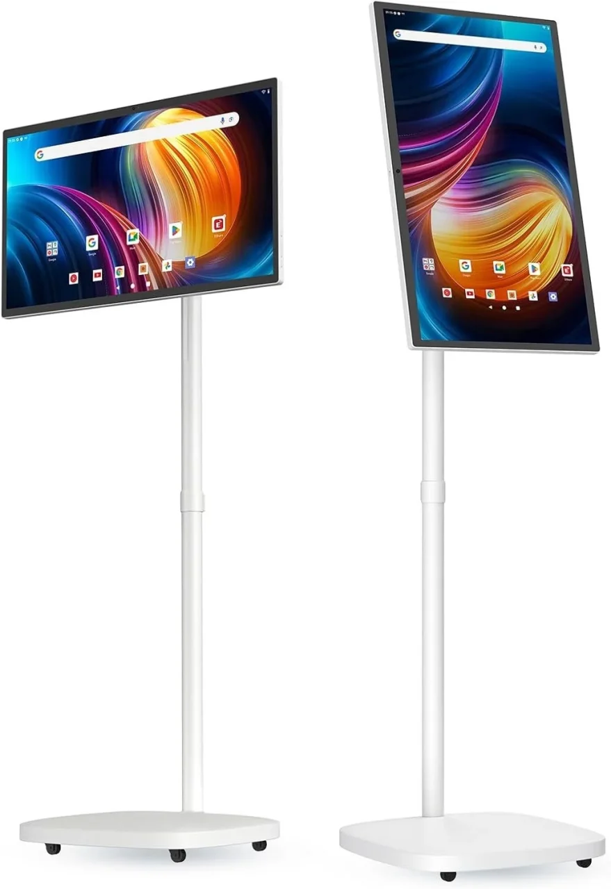大型タブレットモニター「AN-M036」。キャスター付きスタンドの横置きと縦置き