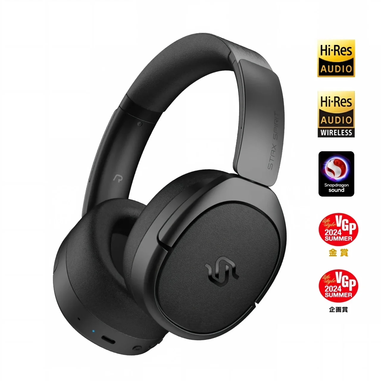 STAX SPIRIT S5 ワイヤレスヘッドホンの黒いオーバーイヤー型と認証マーク