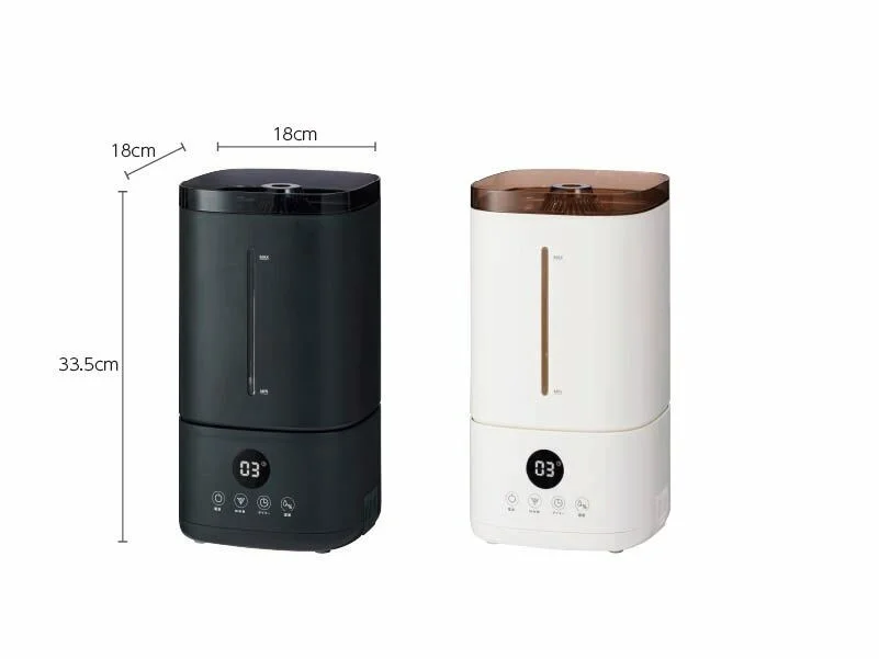 ミストが高く飛ぶ超音波加湿器のダークグレーとベージュ、寸法表記