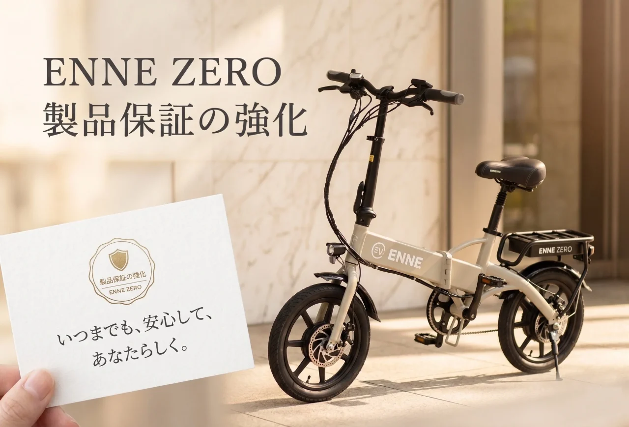 ENNE ZEROの製品保証の強化を告知する、折りたたみ電動自転車とカード