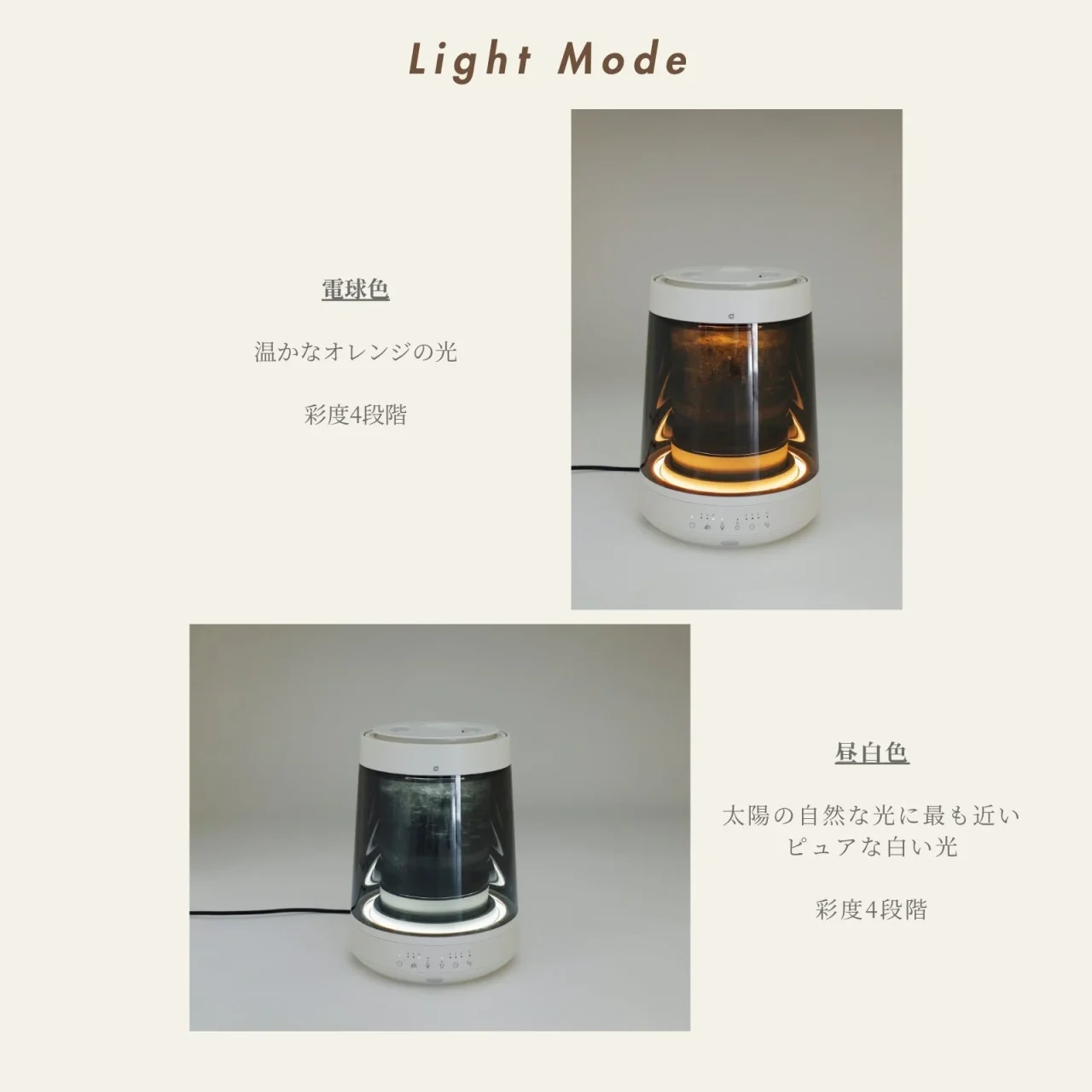 GLASS STEAM HUMIDIFIERのLight Mode。電球色と昼白色の点灯比較