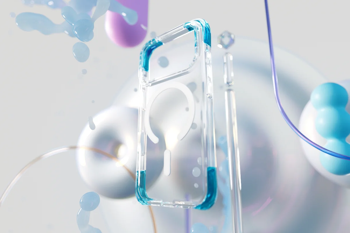 青いコーナーカラーが入った透明なCASETiFYクリアケース