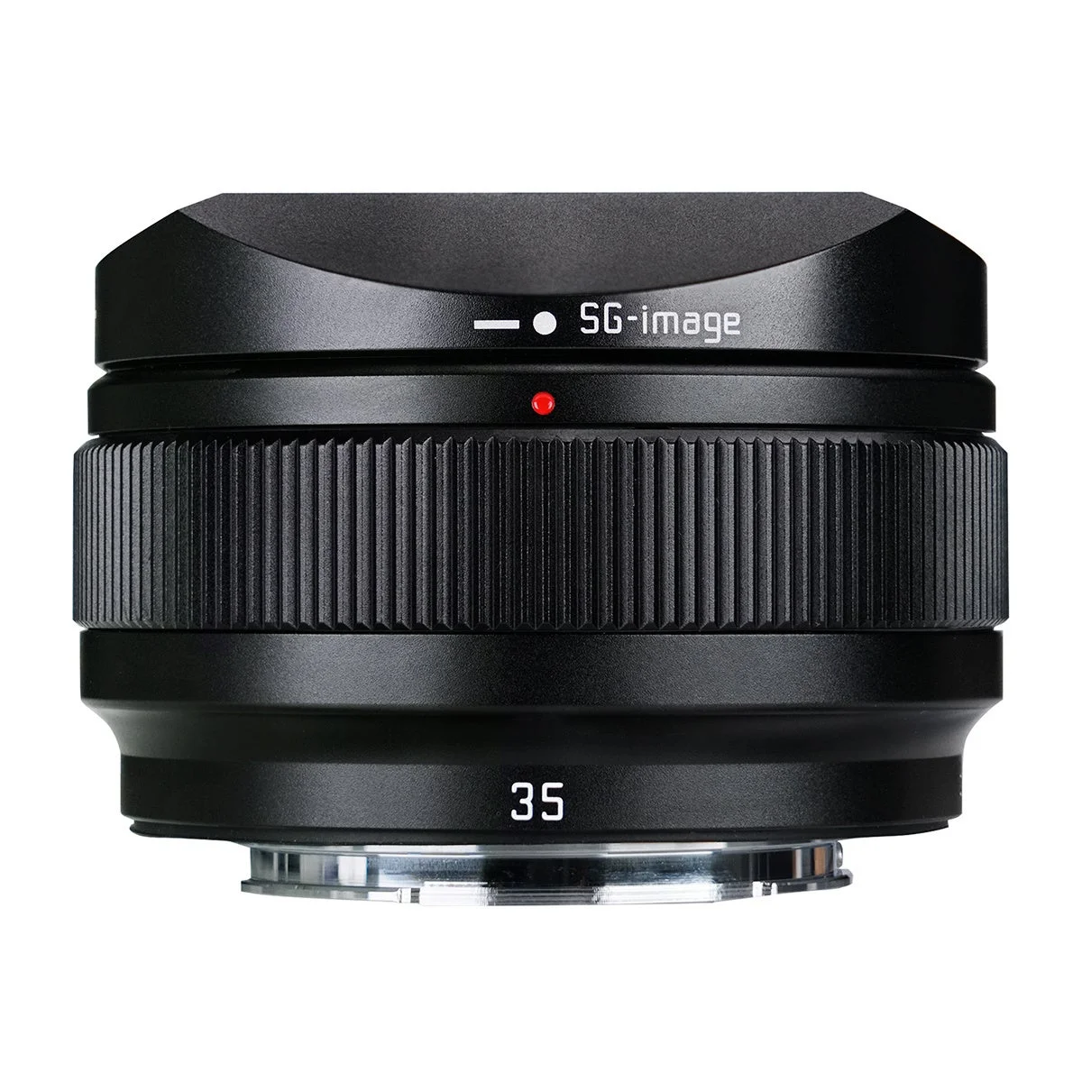 SG-image AF 35mm F2.2の黒い単焦点レンズ、角形フード付きの正面外観