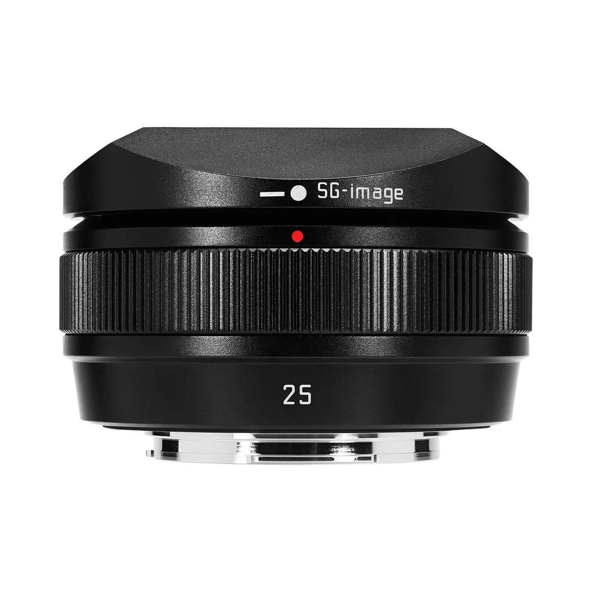 SG-image AF 25mm F1.8の黒い薄型レンズ。正面側面に25の刻印
