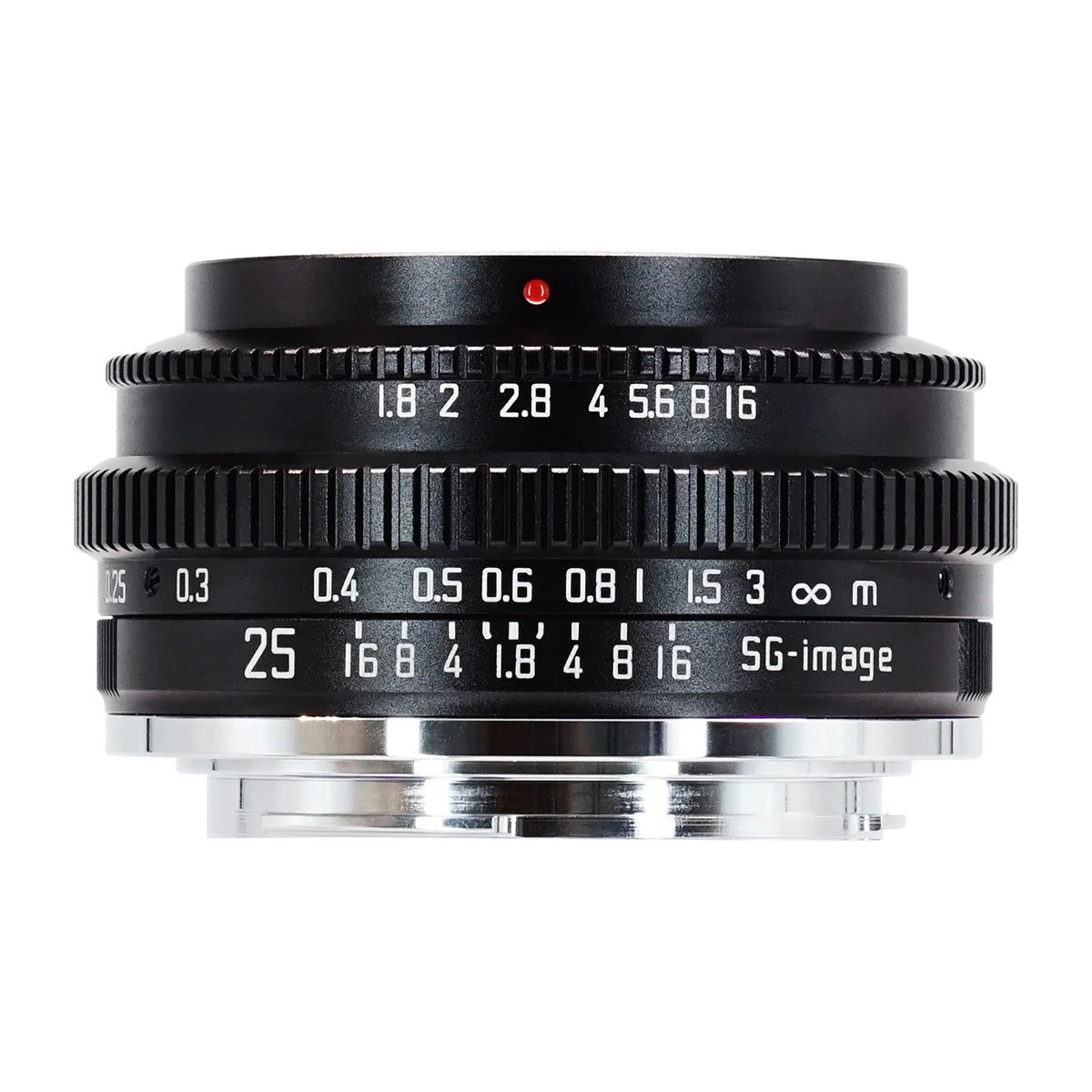 SG-image 25mm F1.8 の黒い単焦点レンズ。絞りと距離の目盛りが見える
