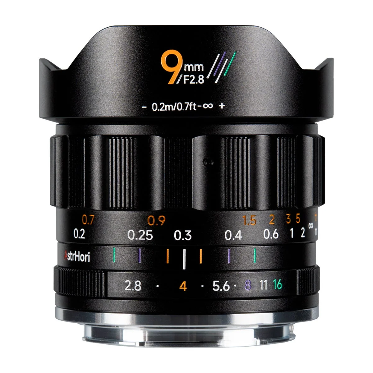 AstrHori 9mm F2.8のレンズ。黒い鏡筒に色分けされた距離・絞り指標